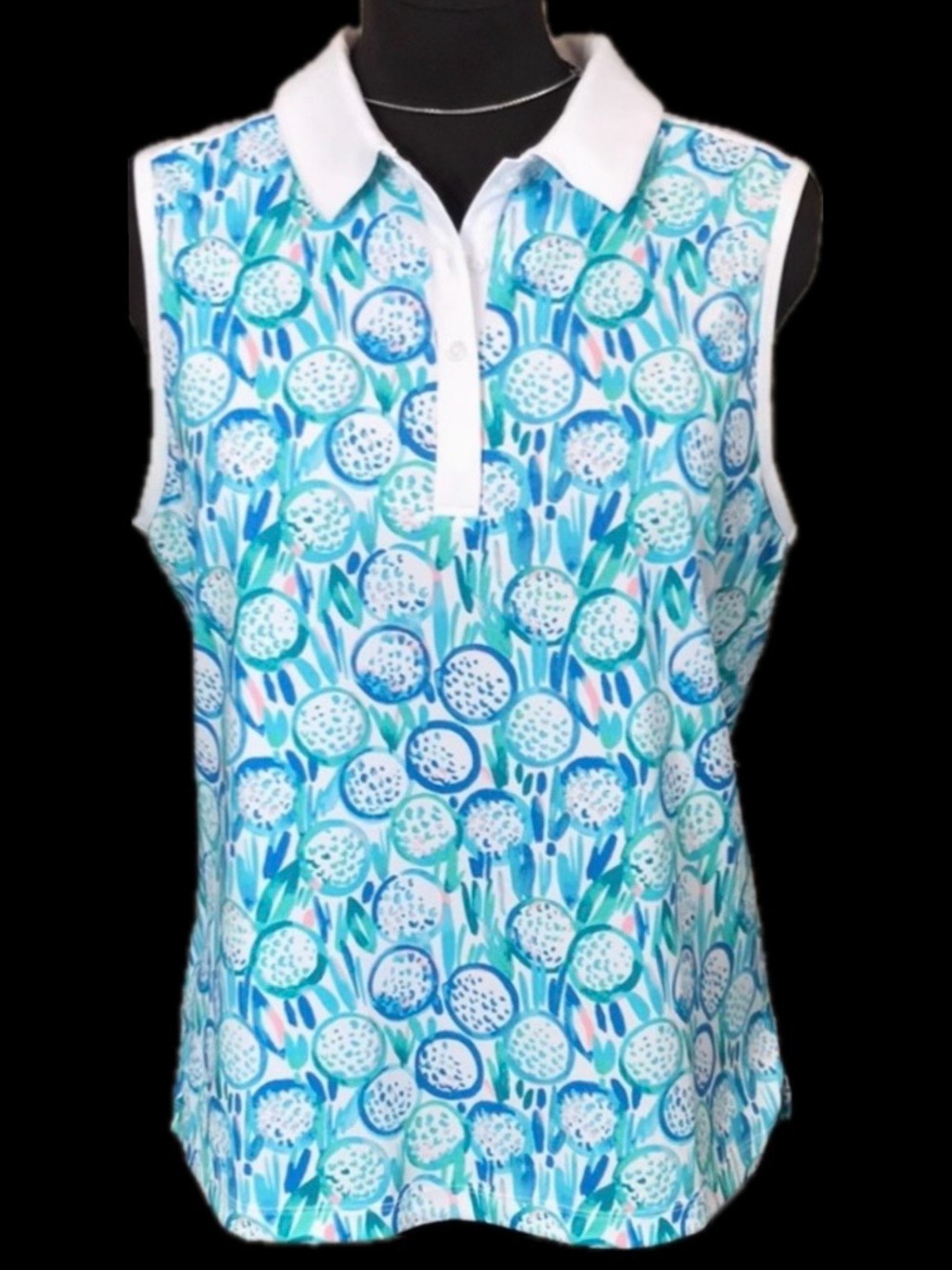 Lillie Green Plus Fore Sleeveless Golf Polo Top ~Blue Pink Golf Ball Print~ 2X